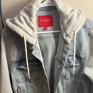 GUESS Light Blue Denim Jacket with Gray Hood